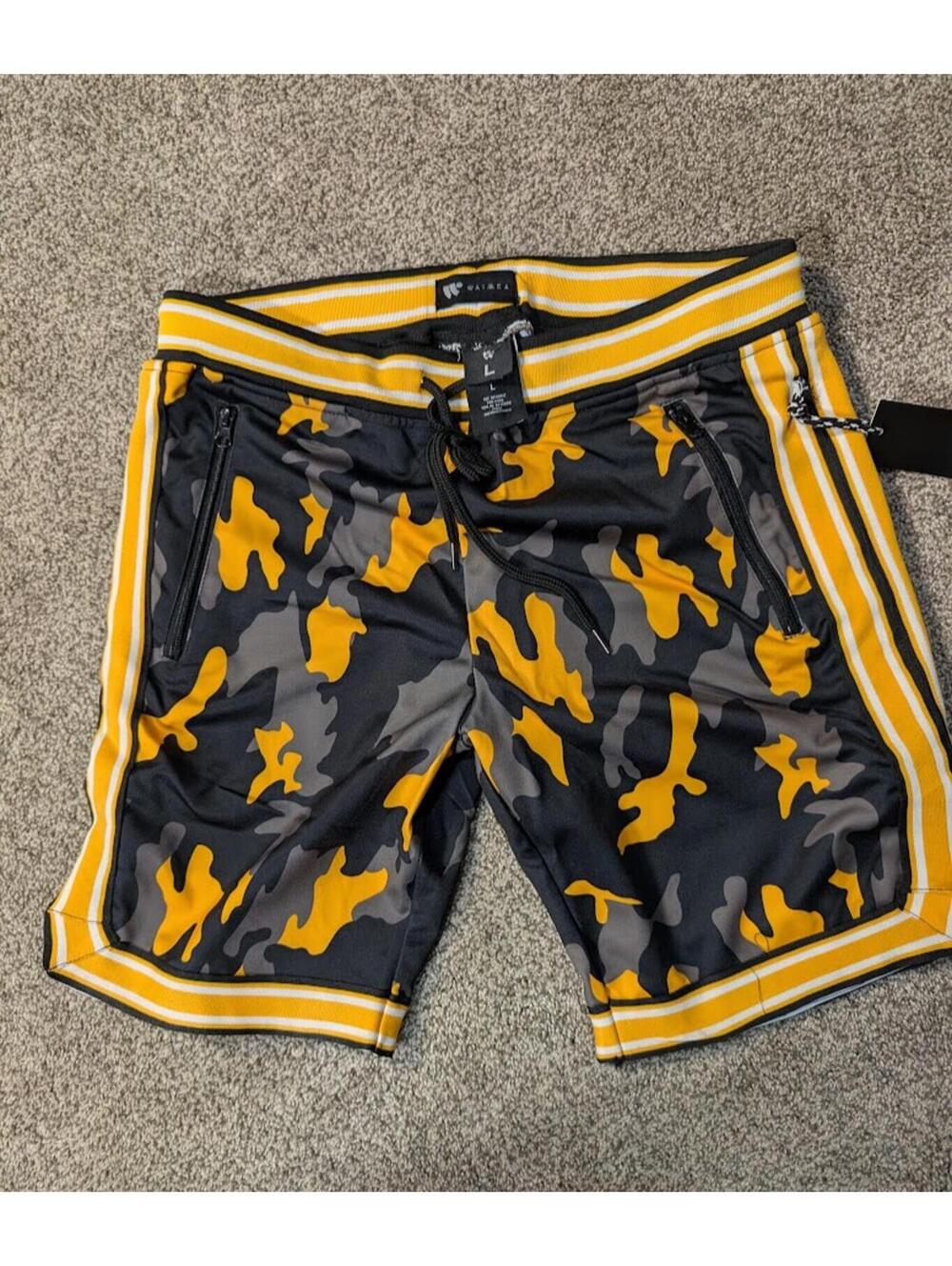 Waimea Camo Mesh Shorts Large NWT Yellow Black Gray Basketball Gym M7133PPSA